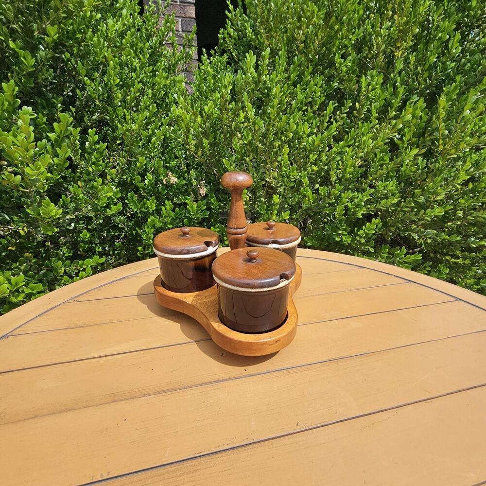 Vintage Mid Century Brown Glazed Stoneware and Wooden Trio Condiment Caddy